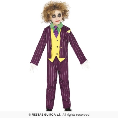 Fato infantil roxo riscado com colete amarelo, camisa verde e gravata roxa