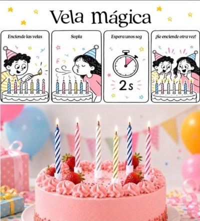 Bolo rosa com velas às riscas coloridas e instrução de velas mágicas em espanhol