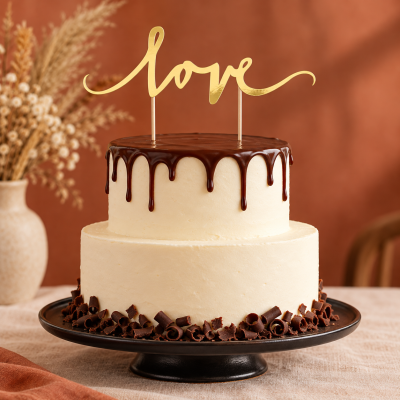 Bolo de dois andares com cobertura de chocolate e enfeite dourado love