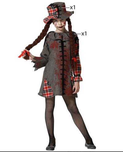 Fato de halloween de boneca assustadora com vestido cinzento e chapéu xadrez.