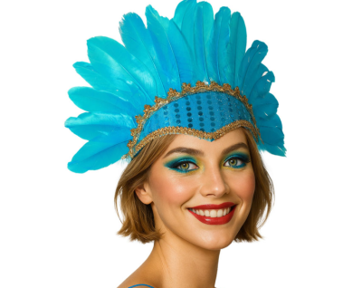 Adereço de cabeça com penas azuis e faixa azul decorativa