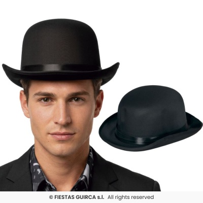 Chapéu tipo coco preto em tecido com fita preta acetinada