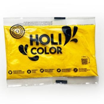 Pacote amarelo de pigmentos HOLI COLOR com texto e selo, fundo branco.