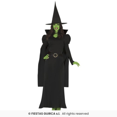 Fato de bruxa feminino com vestido preto, capa, cinto e chapéu pontiagudo