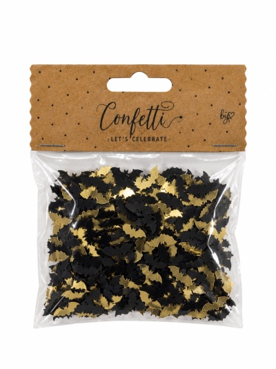 Pacote de confettis em forma de morcegos em preto e dourado.