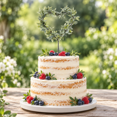 Bolo de dois andares semi-naked com frutos vermelhos e topper em forma de coração de folhas verdes.