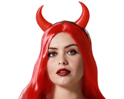 Mulher com peruca vermelha e chifres vermelhos