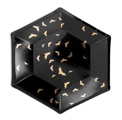 Prato de papel preto com morcegos dourados