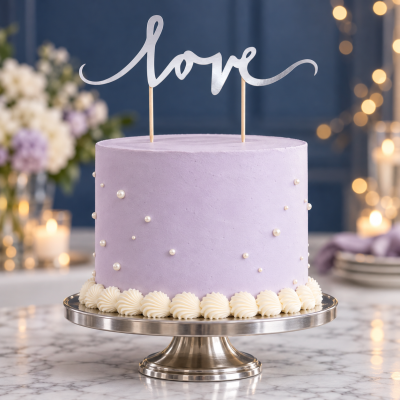 Bolo redondo lilás decorado com pérolas e chantilly branco, topo com enfeite love prateado