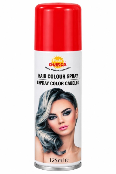 Spray de cor para cabelo com tampa vermelha e rótulo com imagem de mulher