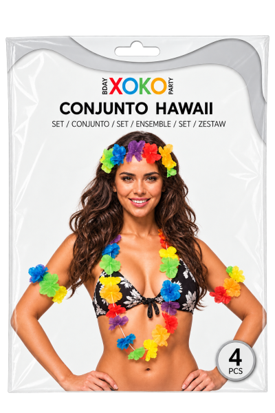 Embalagem de conjunto Hawaii com flores coloridas em colar e pulseiras.