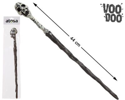 Varinha com cabeça de caveira em preto e branco e cabo preto texturado de 44 cm