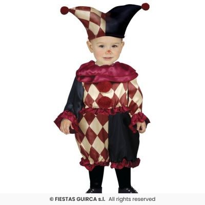 Fantasia infantil de bobo da corte com padrão de losangos creme e vinho e gorro com pompons