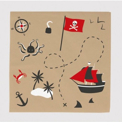 Lenço com desenho de pirata em tons de bege, vermelho e preto