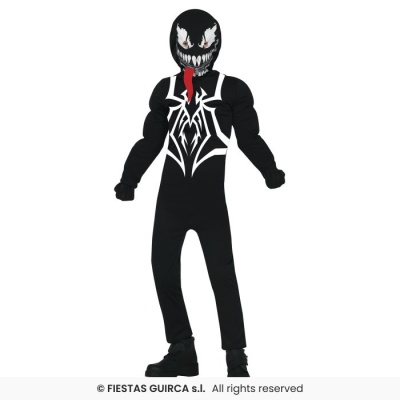 Fato de Carnaval preto estilo Venom para criança com máscara e detalhe vermelho.