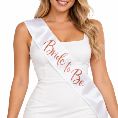 Faixa branca de cetim com texto Bride to Be em cor cobre