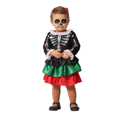 Menina com vestido de esqueleto multicolorido e maquilhagem facial de caveira