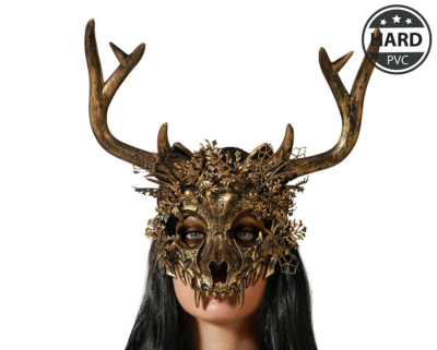Máscara dourada de crânio com galhadas e detalhes florais para disfarce