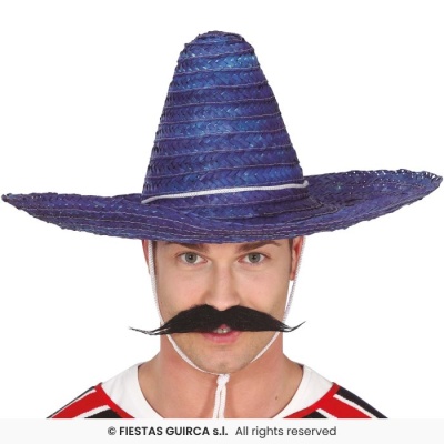 Chapéu sombrero azul trançado com cordão e bigode falso