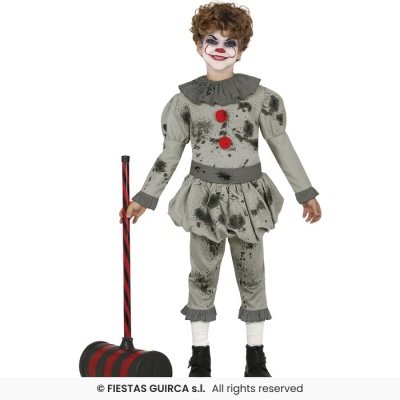 Fato de palhaço cinzento com manchas pretas e botões vermelhos com martelo grande