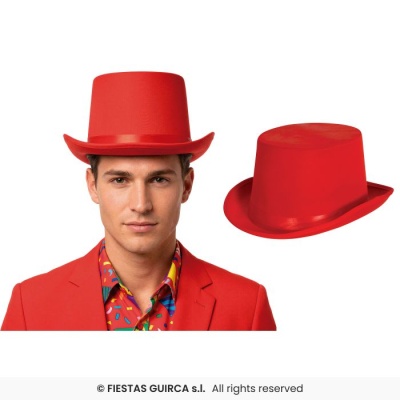 Chapéu de festa vermelho em tecido brilhante e homem a usar o chapéu