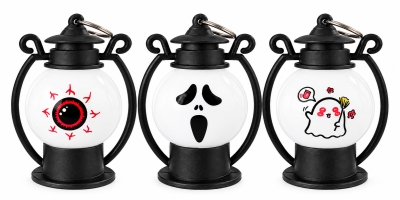 Lanternas negras com desenhos de Halloween, olho vermelho, rosto assustado, fantasma com espanador.