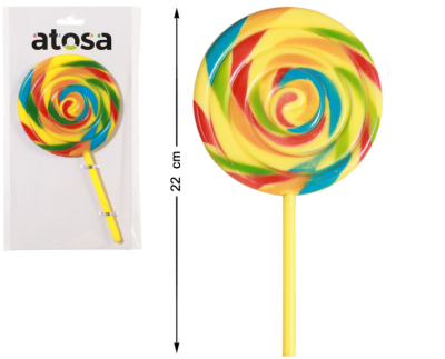 Pirulito plástico colorido em embalagem com texto atosa