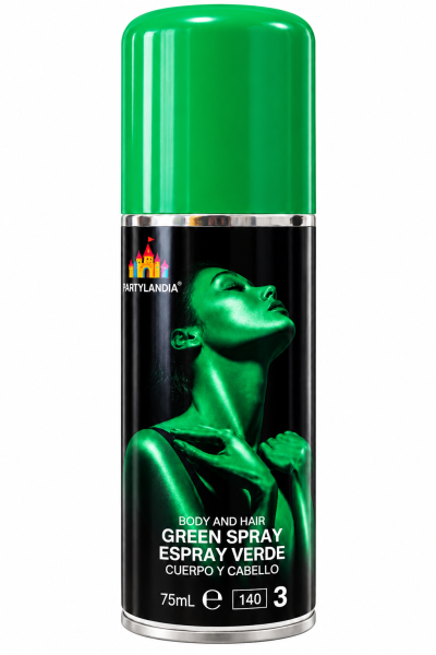 Lata de spray verde para corpo e cabelo com rótulo preto e tampa verde