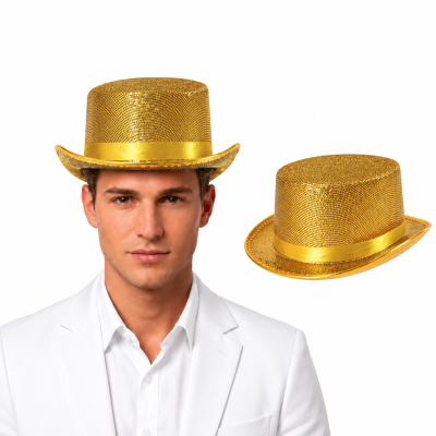 Chapéu alto dourado brilhante com faixa dourada e textura brilhante