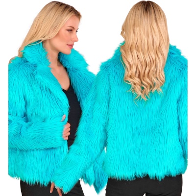 Casaco de pelo sintético azul turquesa mostrado de lado e costas em modelo feminino com cabelo loiro.