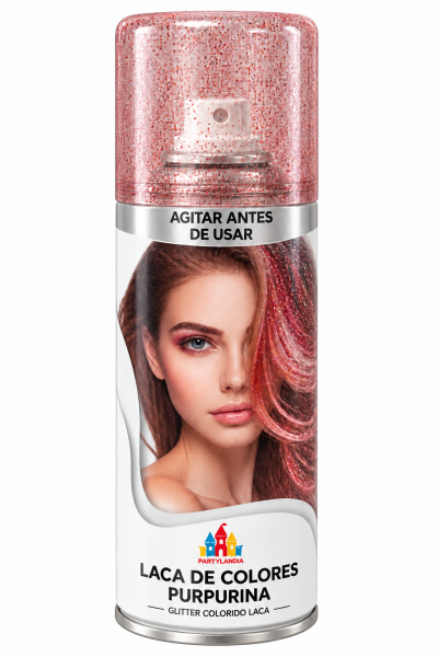 Frasco spray laca cor púrpura glitter com imagem mulher cabelo cor de rosa