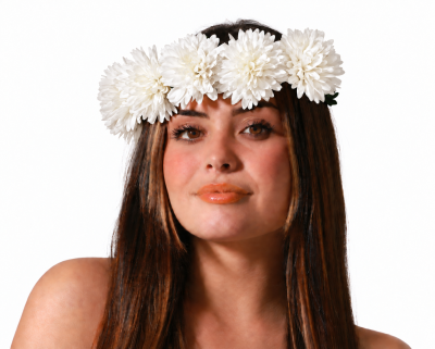 Mulher com coroa de flores brancas grandes no cabelo castanho