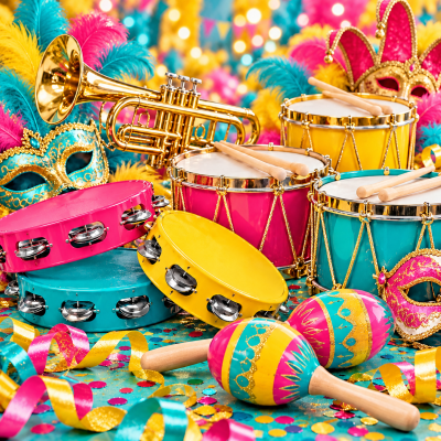 Instrumentos musicais de carnaval coloridos com tambores, pandeiros, maracas e trompete, decorados com máscaras e penas vibrantes