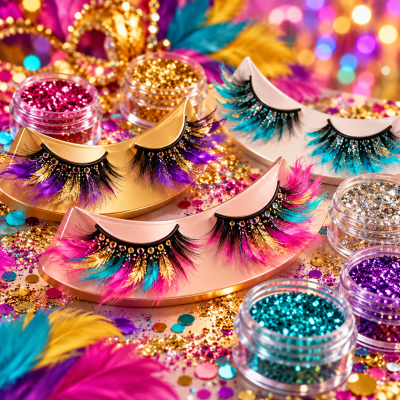 Três pares de pestanas postiças decorativas coloridas com penas e glitter em recipientes transparentes