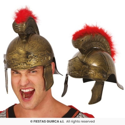 Capacete romano decorativo castanho com crista vermelha de penas visto de frente e de lado.