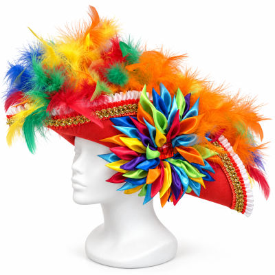 Chapéu tricorn vermelho com penas e decoração colorida em manequim branco
