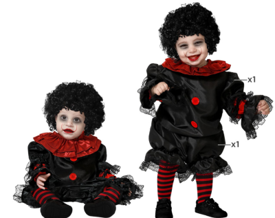 Bebé vestido com fantasia de palhaço preto e vermelho com peruca encaracolada e maquilhagem de palhaço