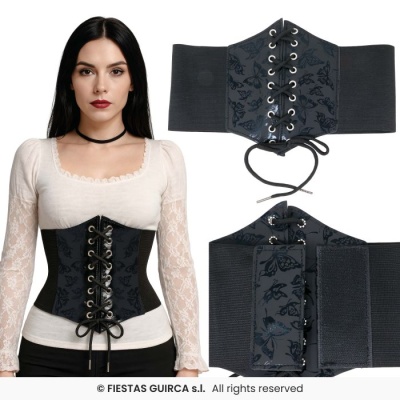 Corset preto com padrão de borboletas, ilhóses, cordões e parte elástica com velcro
