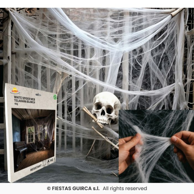 Teia de aranha branca decorativa com embalagem e caveira