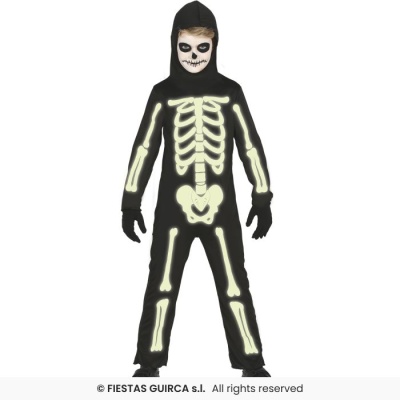 Fato de esqueleto infantil preto com estampado luminescente