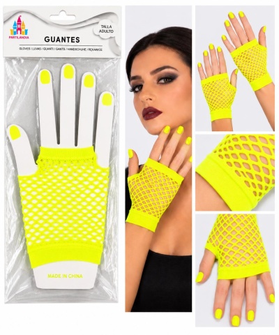 Luvas de rede amarelo fluorescente para adulto em embalagem e usadas por modelo.