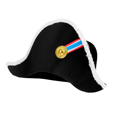 Chapéu preto com borda branca, botão dourado e faixa azul, branco e vermelho