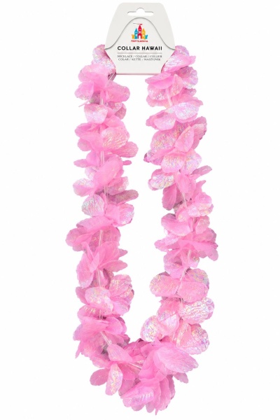 Colar havaiano decorativo de flores artificiais em tons de rosa com embalagem branca