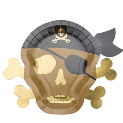 Prato de papel em forma de caveira de pirata com tapa-olho e lenço preto