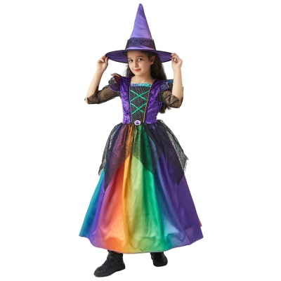 Vestuário de bruxa infantil colorido com chapéu roxo e saia arco-íris