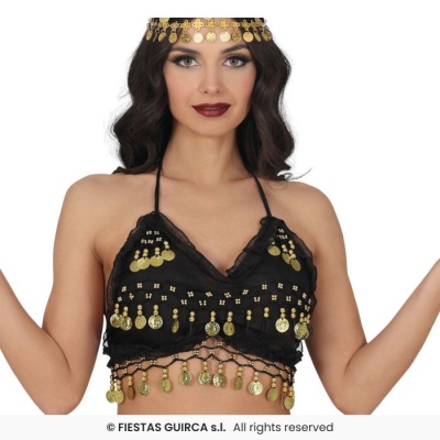 Top preto estilo belly dance com moedas douradas e bandolete dourada com moedas