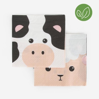 Guardanapos de papel com estampas de vaca e ovelha e símbolo verde de folha