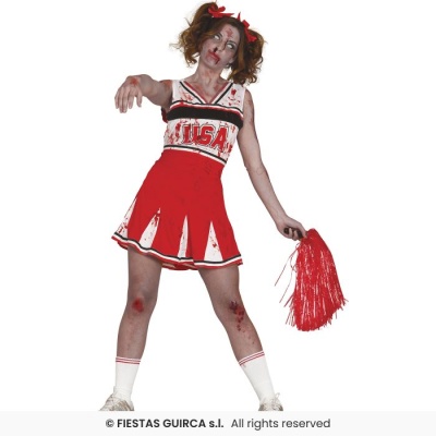 Fato de animadora de torcida vermelho e branco com letras USA e manchas de sangue falsas