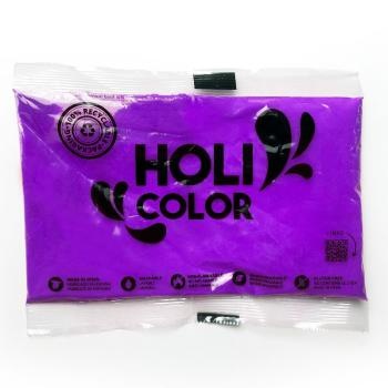 Pacote roxo de pó Holi Color com texto preto em fundo branco