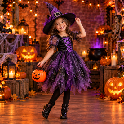 Criança veste fantasia de bruxa roxa e preta com chapéu e bolsa abóbora decorativa para Halloween.